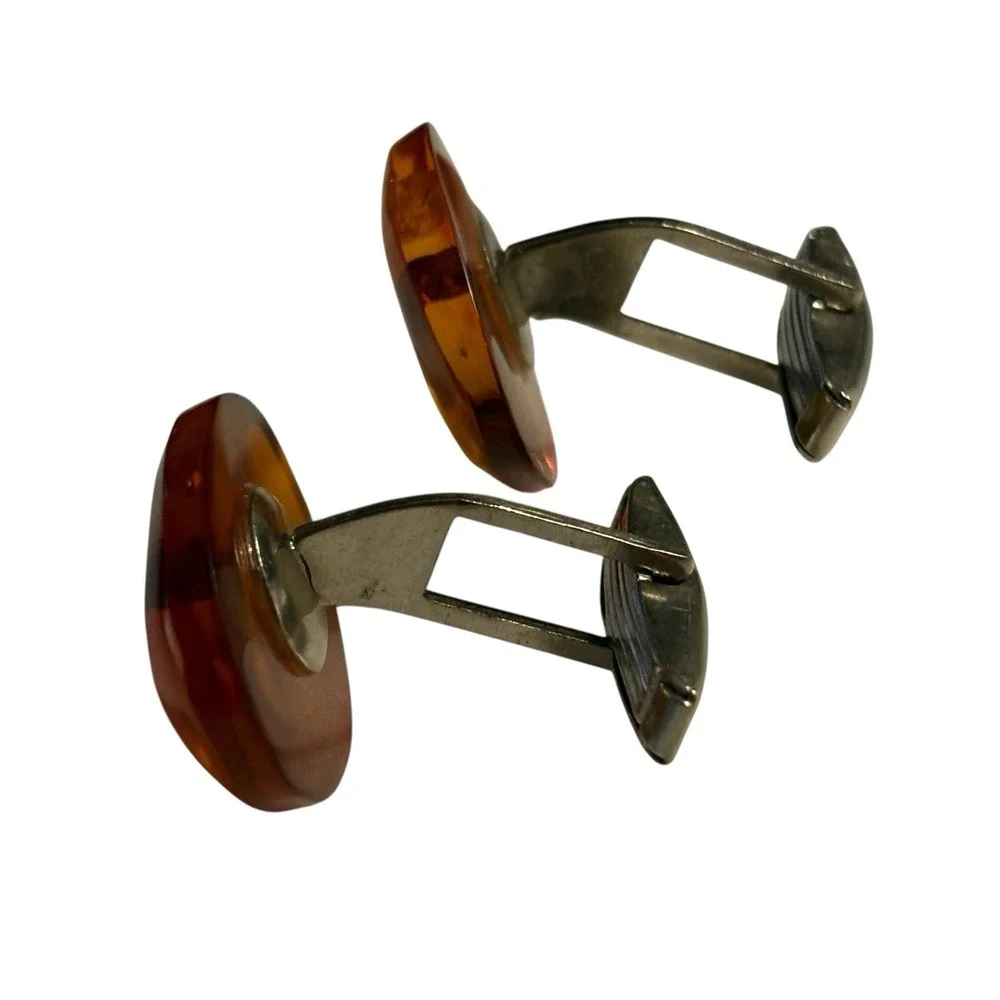 Baltic Amber Cufflinks Signed MET Vintage Unique‎ Nature Oval MCM Translucent